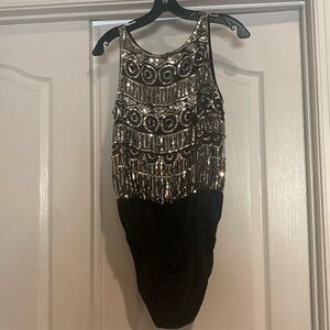 90’S Vintage A.J. Bari Silver & Black Sequin Unitard